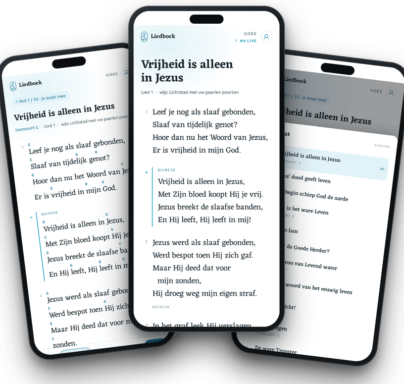 Het online liedboek op drie telefoons: live meelezen met de liedtekst, akkoorden voor muzikanten en de liedlijst van een actie